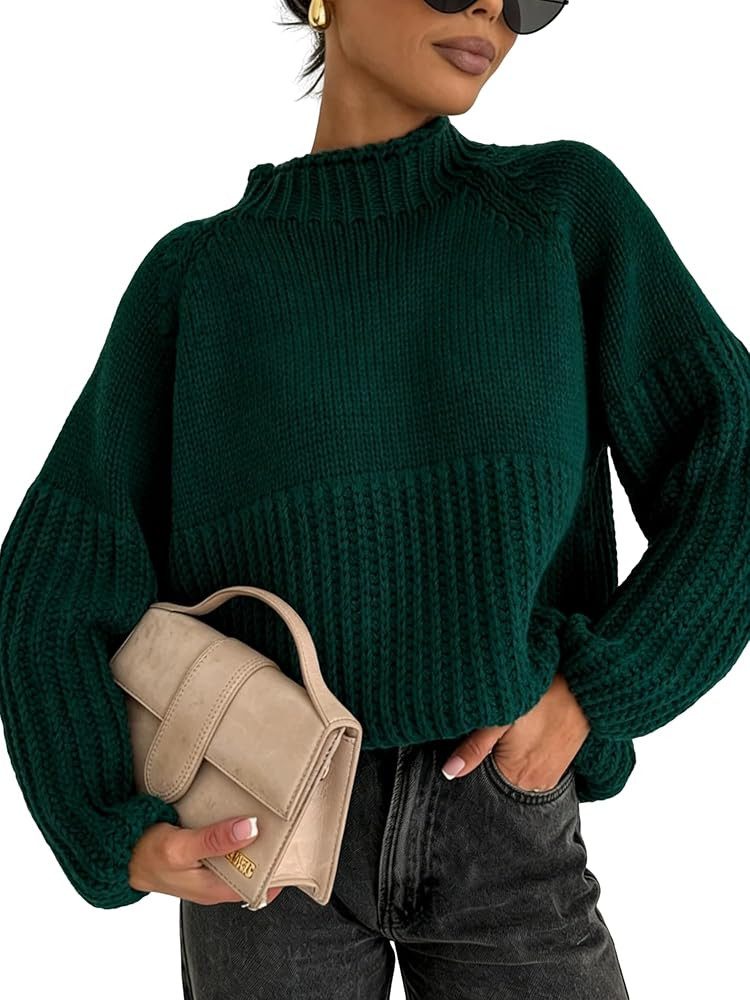 ZAFUL Womens Oversized Mock Neck Sweaters Casual Fall Lantern Long Sleeve Ribbed Chunky Knit Pull... | Amazon (US)