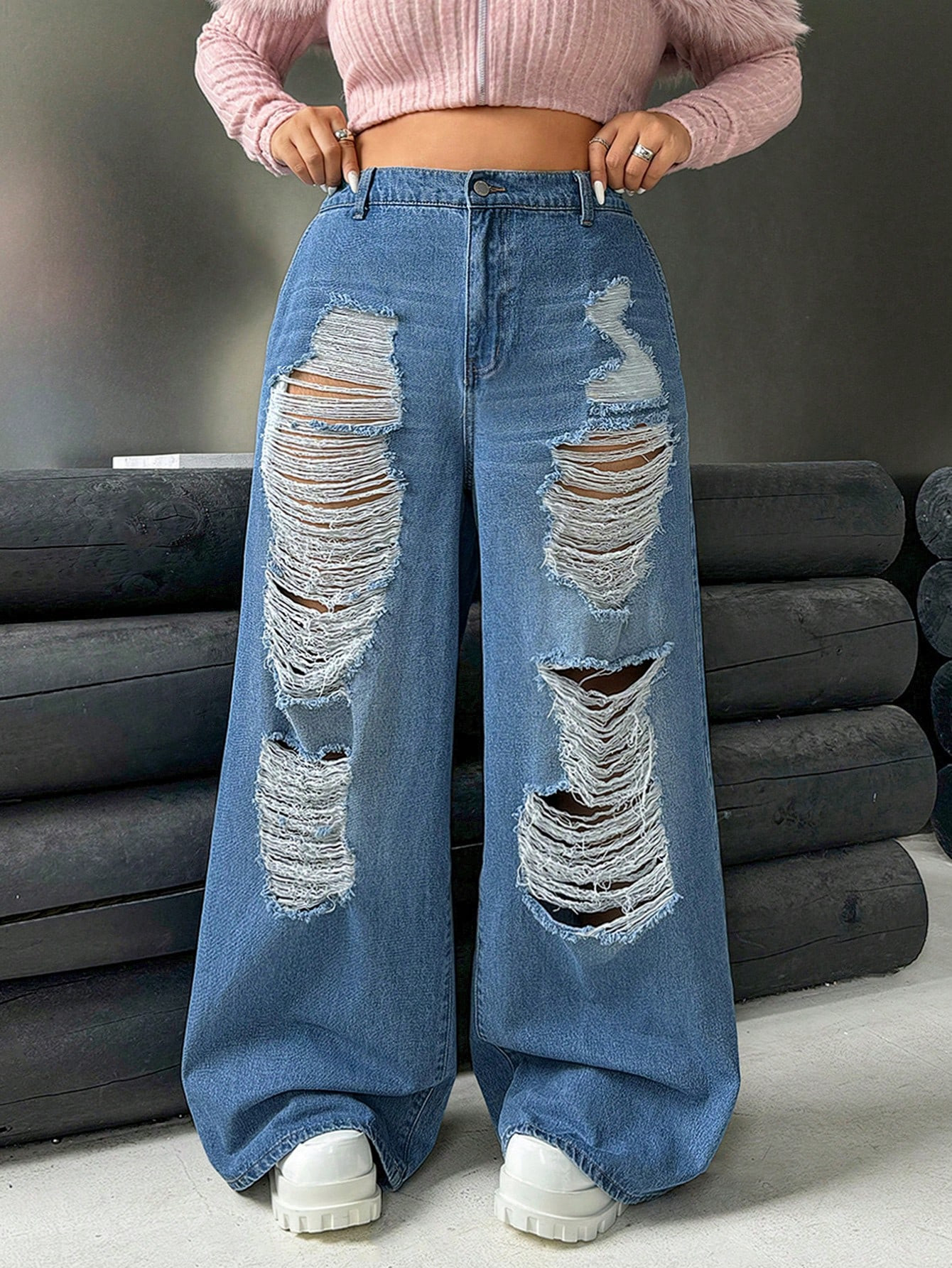 SHEIN ICON Black Plus Size Jeans Jeans Casual Street Sexy Trendy Cool Ripped Loose Wide Leg Pants... | SHEIN
