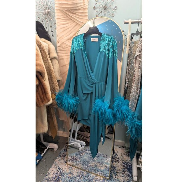 NWT Nervi Pami Teal Mini Dress with Sequin & Ostrich Feather Cuffs | Poshmark