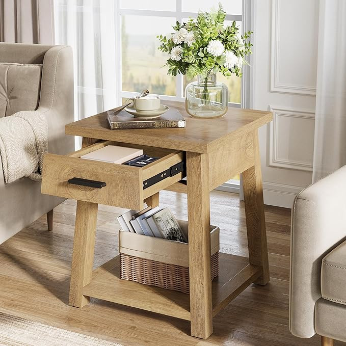 Tribesigns Farmhouse Square Side Table, 2 -Tier Wooden End Table with Drawer, Rustic Nightstands ... | Amazon (US)