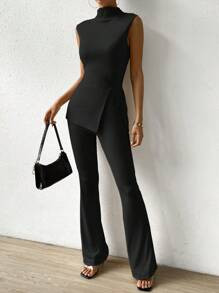 SHEIN Essnce Mock Neck Split Hem Tank Top & Flare Leg Pants | SHEIN