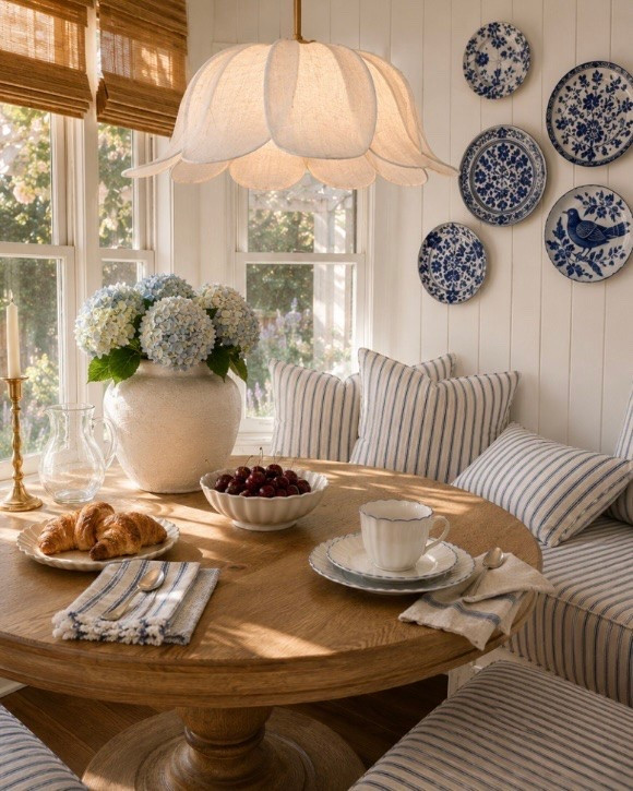This little breakfast nook has me dreaming of slow mornings, fresh flowers, and coffee that doesn’t have to be rushed. 

I rounded up the pieces that inspired this look—from the scalloped dishes and striped linens to the pendant light, table, and blue-and-white accents—so you can recreate the same cozy cottage feel in your own home.

Everything is linked here for easy shopping.