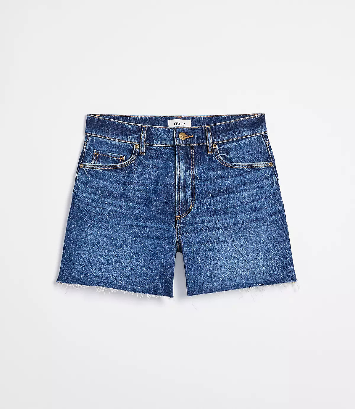 Rivete Destructed High Rise Cut Off Denim Shorts in Dark Was | LOFT
