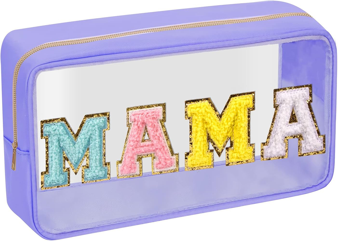 Iqimott Preppy Patch Clear Mama Bag, Women Chenille Letter Makeup Cosmetic Bag for Travel, Nylon Wat | Amazon (US)
