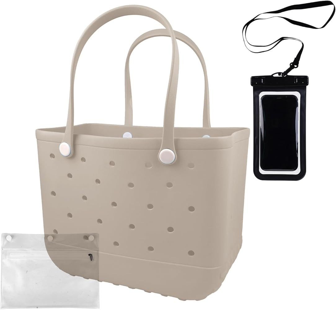Rubber Beach Tote Bag - Waterproof Washable Durable Open Purses with Zipper Pocket and Phone Pouc... | Amazon (US)