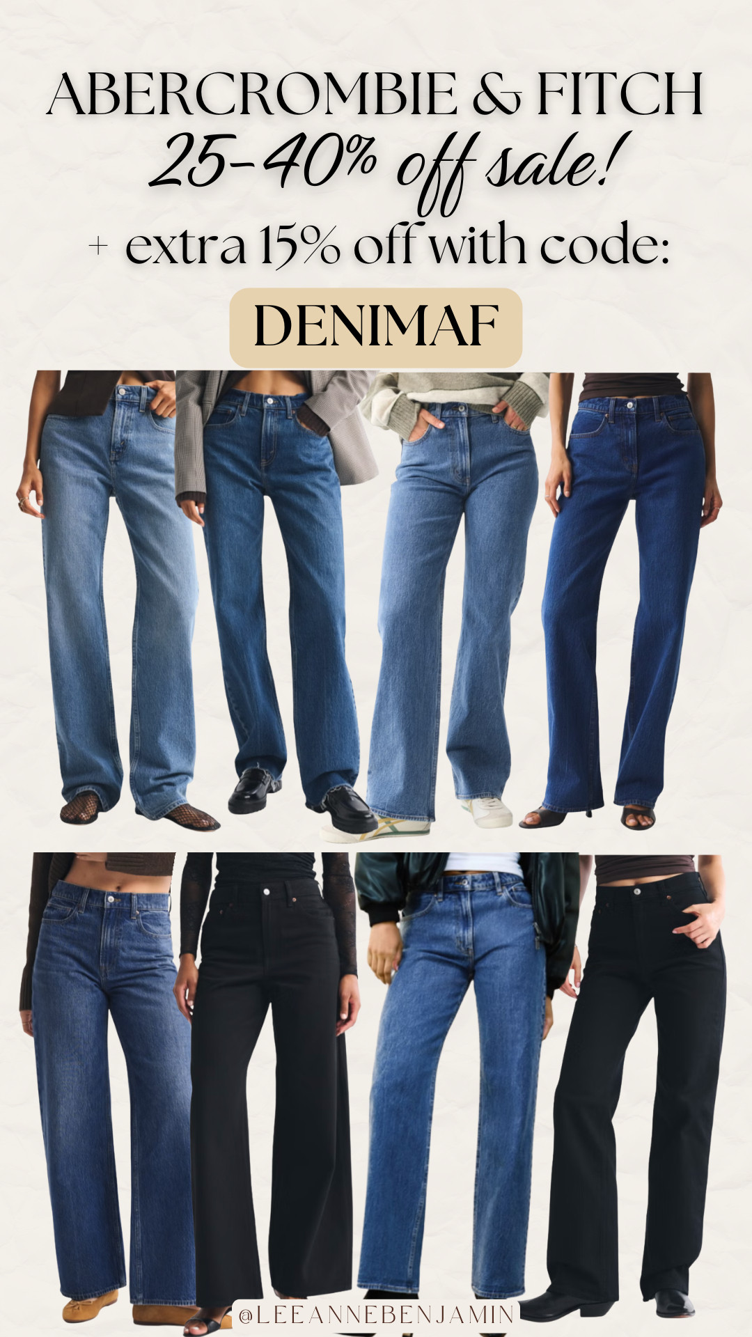 Denim Sale at Abercrombie & Fitch! 25-40% off sale! Don't forget to use code: DENIMAF for an extra 15% off!  

 #LTKOver40 #LTKSaleAlert #LTKMidsize
