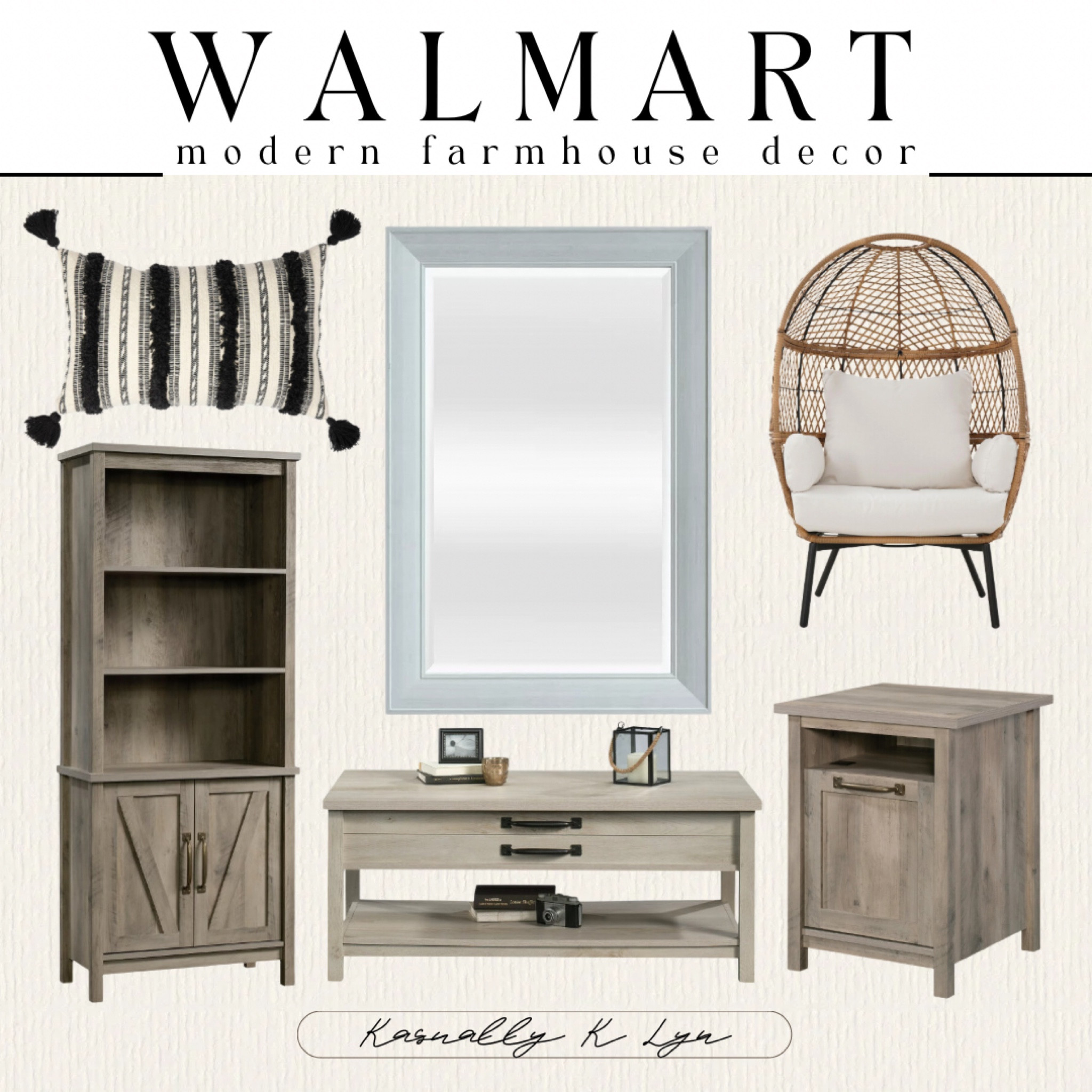 Walmart Modern Farmhouse Decor ft. Better Homes & Gardens!! woven tufted striped decorative lumbar throw pillow. modern rectangle wall mirror. boho stationary outdoor wicker egg chair. rectangle lift top coffee table with rustic white furnish. five shelf library bookcase with doors and rustic gray finish. side table with usb and rustic gray finish. nonslip machine, washable vintage indoor rug with chenille print. 

#LTKHome #LTKSaleAlert #LTKU