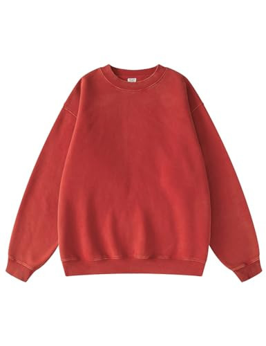 FAIABLE Womens Sweatshirts Crewneck Oversized Sweatshirt Plush Cotton Heavyweight Sweatshirt Vintage Acid Wash Sweatshirts Fleece Big and Tall Sweatshirt for Women Streetwear College Red | Amazon (US)