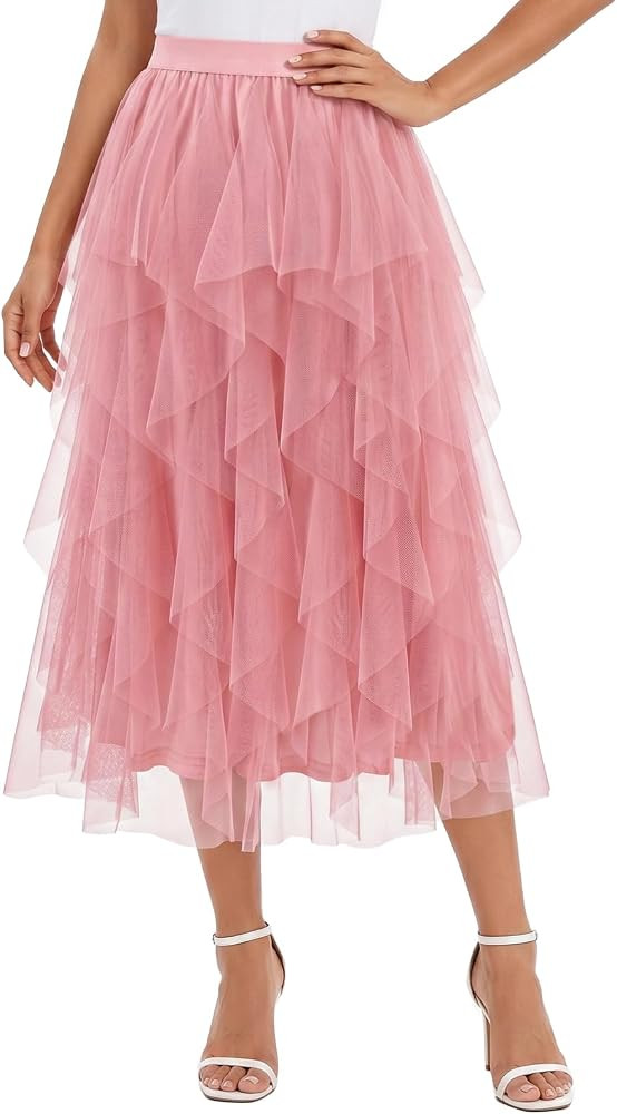 DRESSTELLS Women's Tulle Skirts, Midi Long A-line Elastic High Waist Fairy Tutu Skirt with Layere... | Amazon (US)