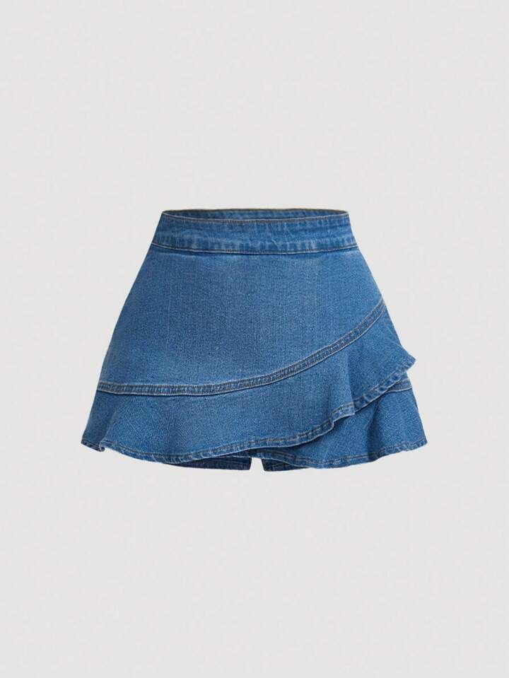 SHEIN MOD Stijlvolle denim shorts voor dames in effen kleur met ruches | SHEIN