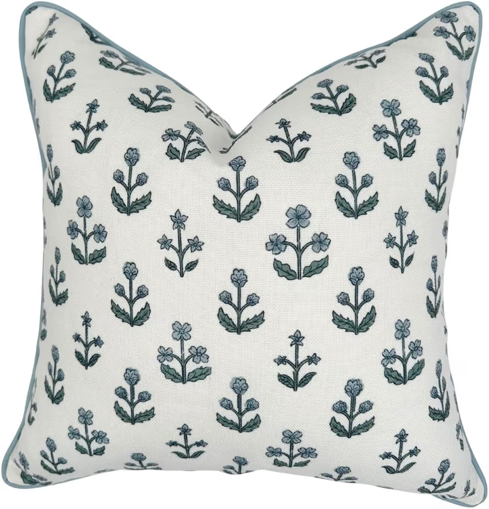 "The Beau” Floral Block Print Pillow Cover – Blue Decorative Throw Pillow Cover with White Ba... | Amazon (US)