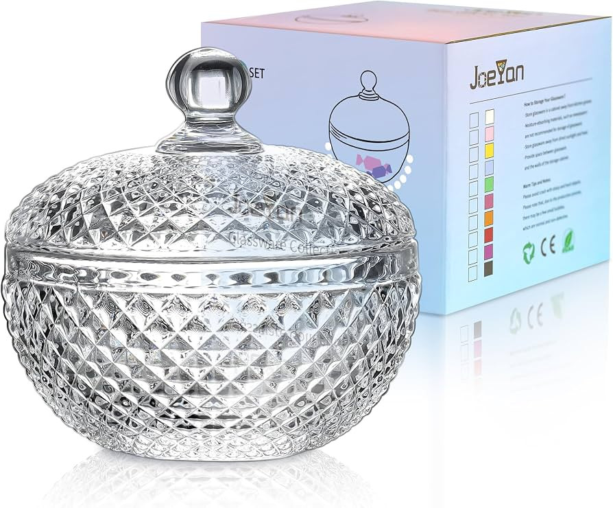 Joeyan 12 oz Small Clear Glass Jars with Lid,Embossed Glass Candy Dishes,Diamond Faceted Food Con... | Amazon (US)