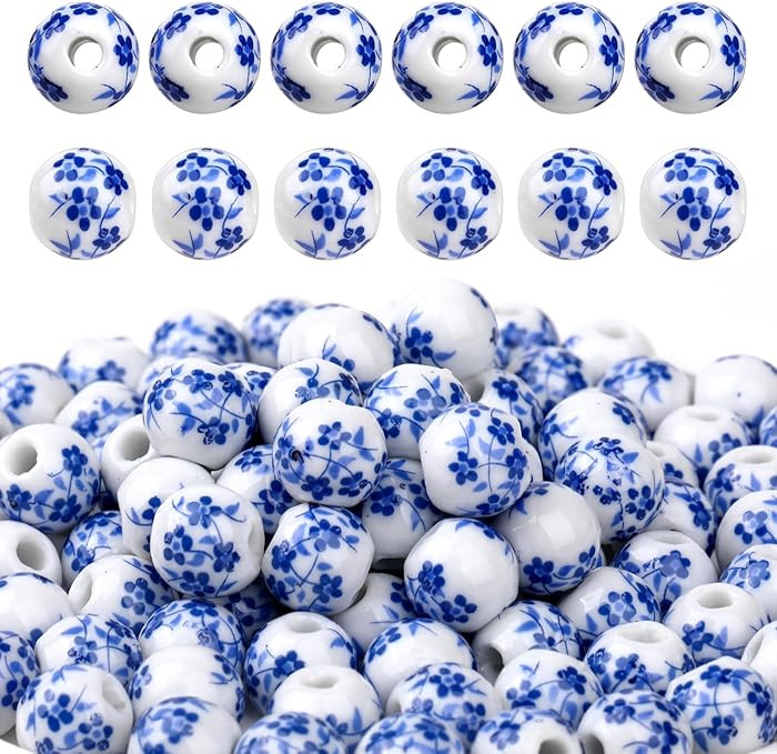 100PCS 10mm Ceramic Beads Handmade Porcelain Blue Flower Round Loose Beads Craft Beading for Jewe... | Amazon (US)