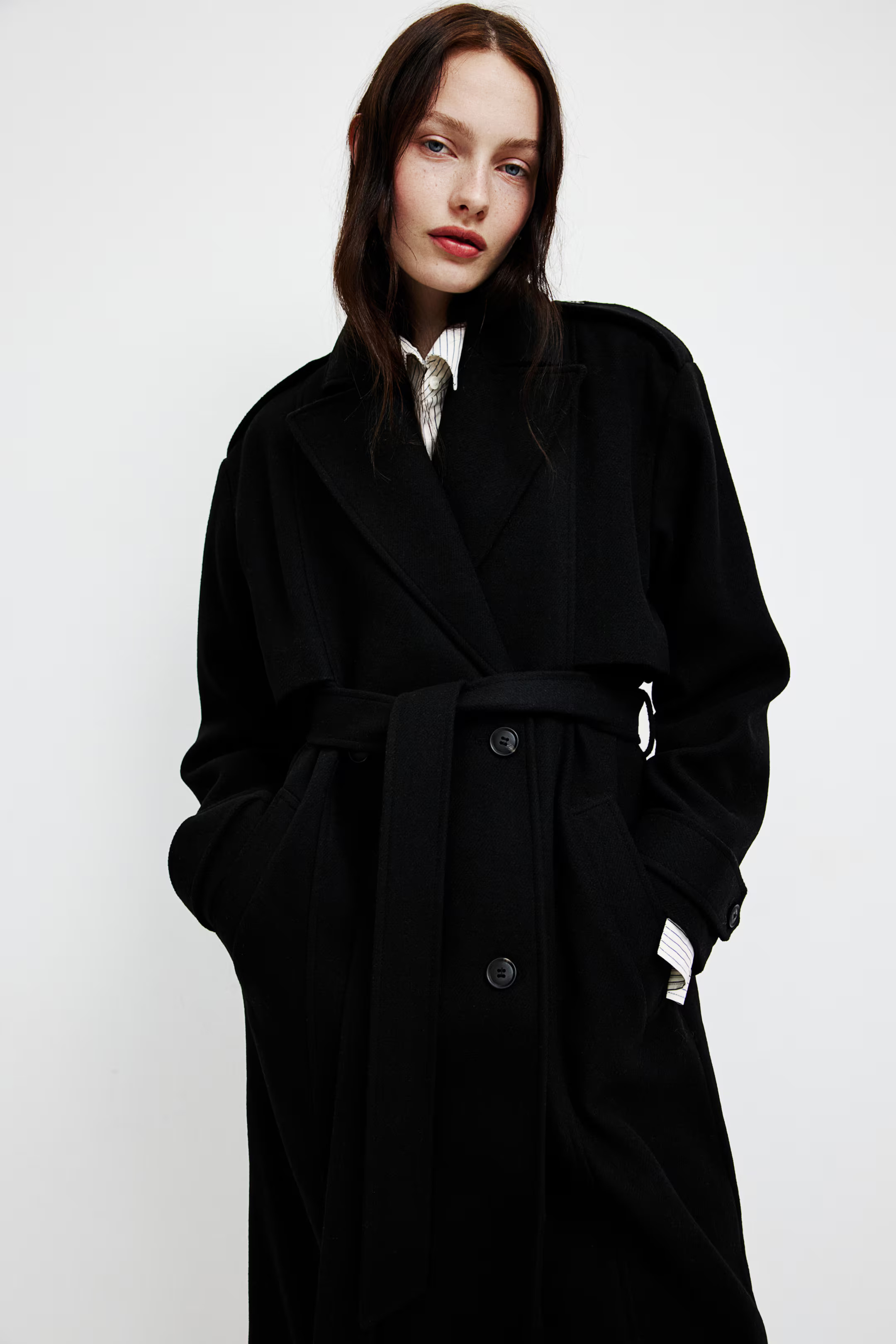 Brushed-Finish Twill Trench Coat - Black - Ladies | H&M US | H&M (US + CA)