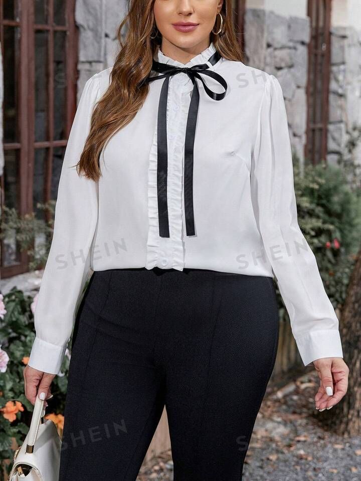 SHEIN Clasi Plus Size Flounce Neckline Self Tie Shirt | SHEIN