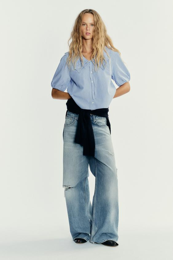 EMBROIDERED STRIPED PETER PAN COLLAR SHIRT | Zara US