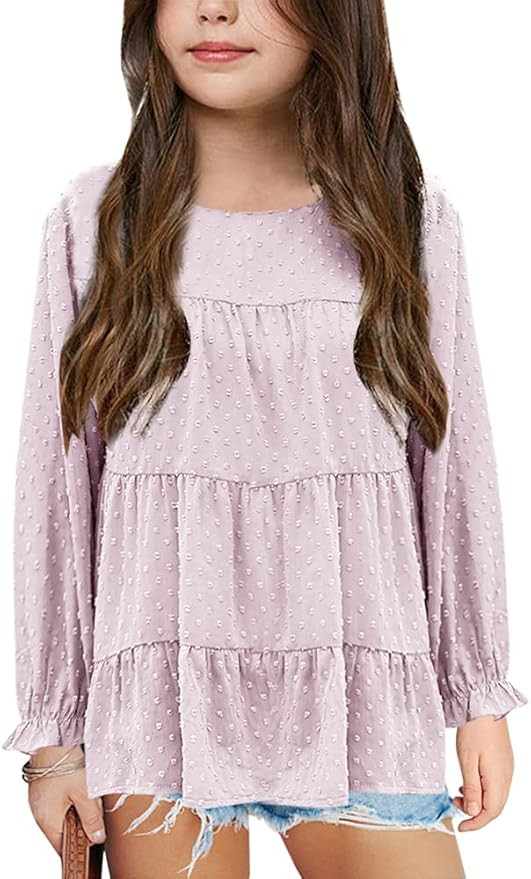 Girls Chiffon Blouses Kids Long Short Sleeve Swiss Dot Shirts Round Neck Ruffle Peplum Tops Tees | Amazon (US)