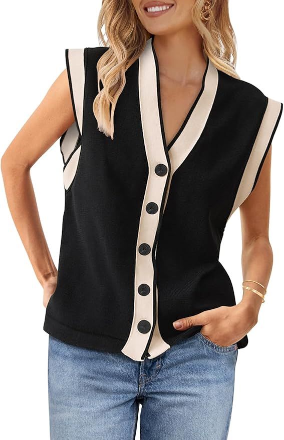 MEROKEETY Women's V Neck Sweater Vest Cap Sleeve Color Block Knit Tank Tops Button Down Going Out... | Amazon (US)