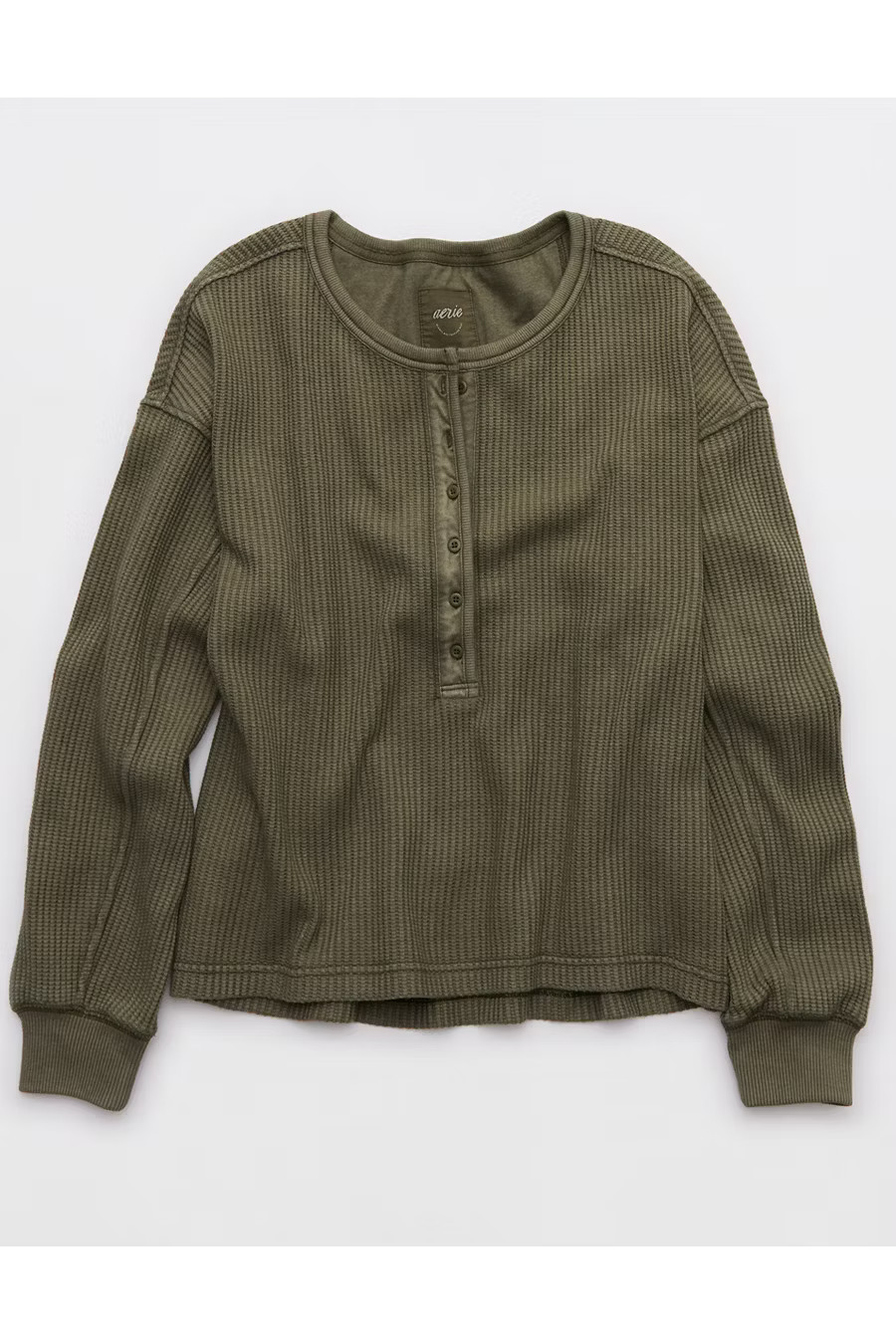 Aerie Waffle Henley Sweatshirt Women's Military Green S | American Eagle Outfitters (US & CA)