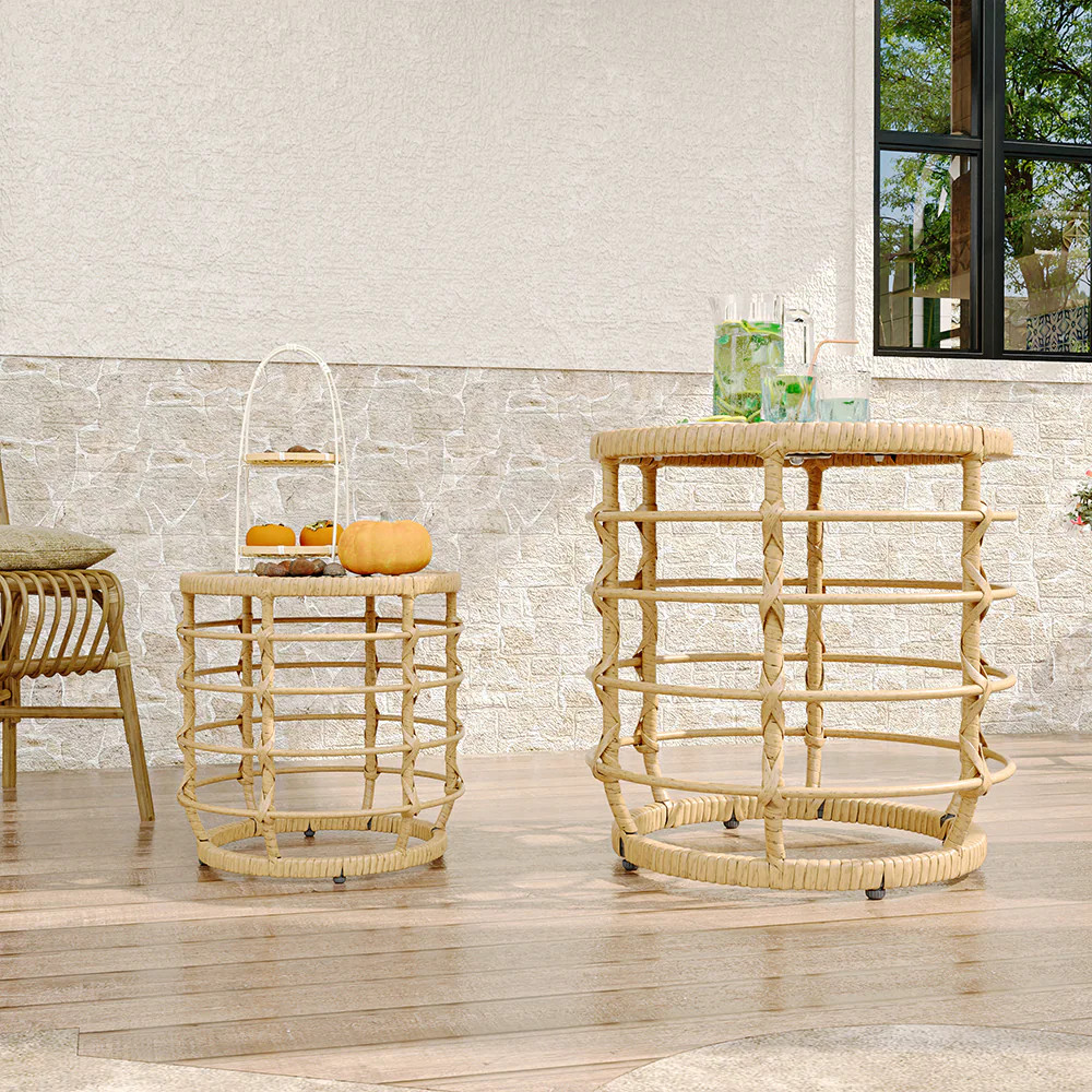 Homsee  Side Tables with Built-In Solar Lights Set of 2 Black Iron Frame Yellow Wicker and Glass ... | Lowe's