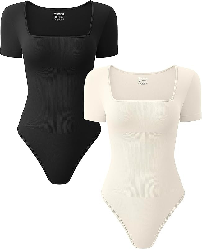 OQQ Women's 2 Piece Bodysuits Sexy Ribbed One Piece Square Neck Short Sleeve Bodysuits | Amazon (US)