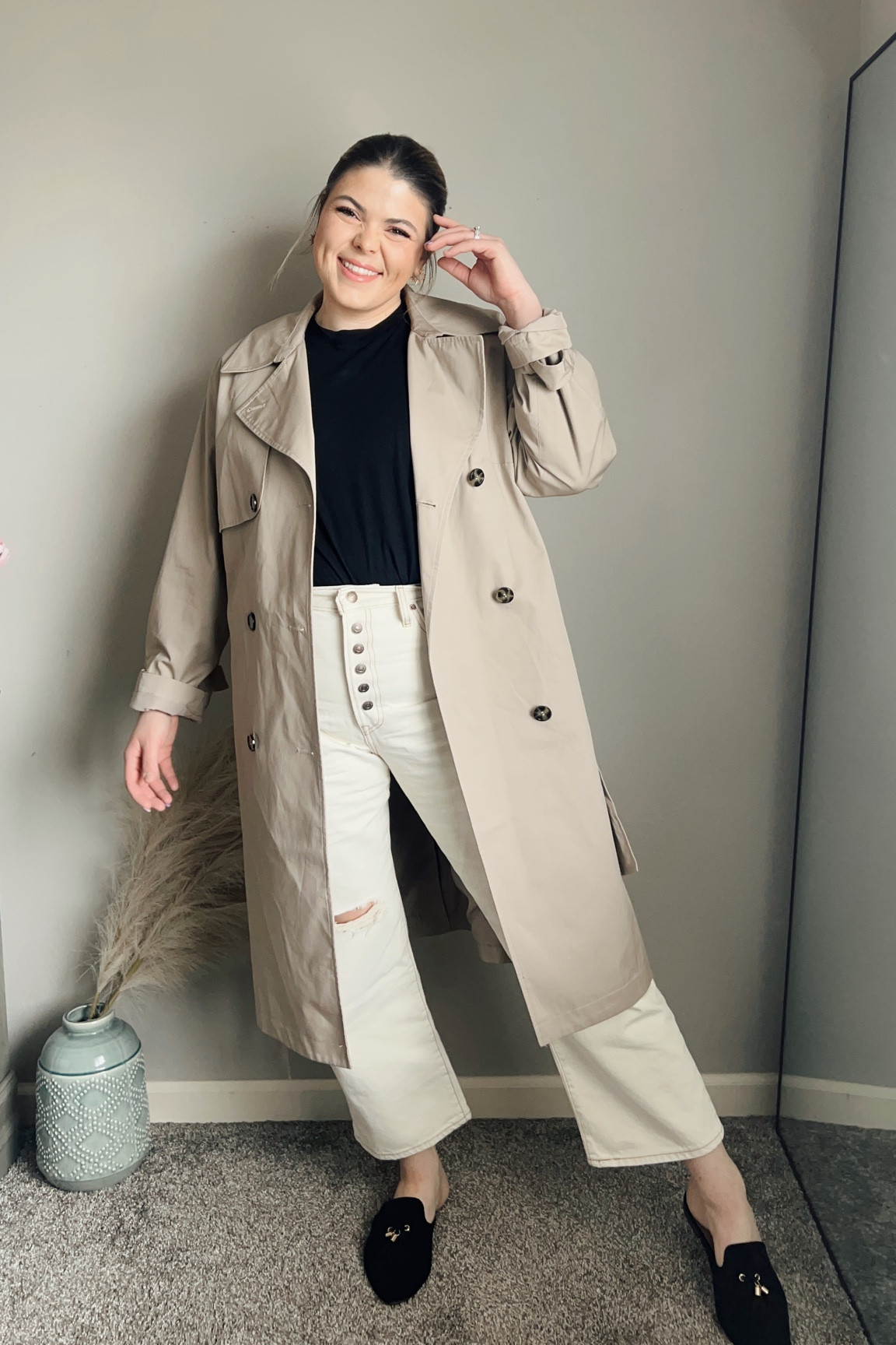 This is a casual spring transition outfit. I wore to work today. A simple tee, and neutral trenchcoat and cream jeans will be the uniform this spring. 
Jeans are size 13,
Shirt is only $12
Trench is large
Mules are tts
Code Erica20 for 20% off life in lilac perfume (perfect for travel or throwing in your purse, I love mancave)  

#LTKFind #LTKworkwear #LTKcurves