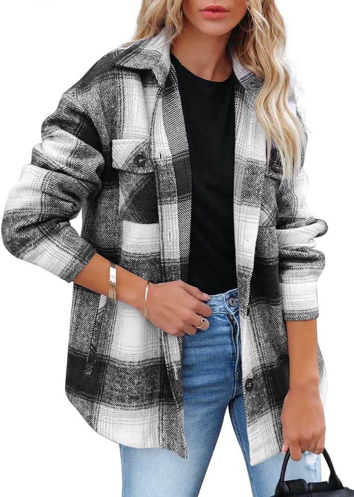 Beaully Women's Flannel Plaid Shacket Long Sleeve Button Down Shirts Jacket Coats with Side Pocke... | Amazon (US)