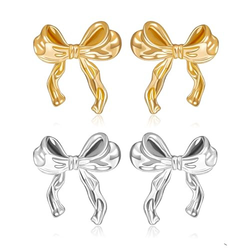 Gold Silver Bow Earrings for Women Classic Ribbon Bow Stud Earrings Cute BowKnot Earrings Bow Trendy Jewelry for Women | Amazon (US)