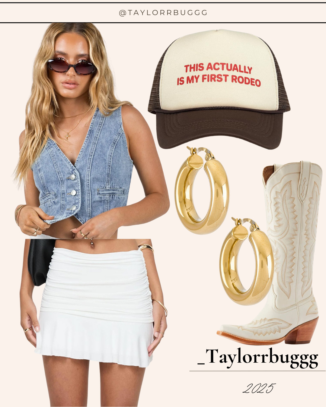  🤠✨ Rodeo but make it fashion ✨🤠
This fit is giving southern chic meets festival vibes—perfect for a country concert, rodeo, or Nashville weekend.

👖 Denim vest top & white mini skirt – Princess Polly
✨ Gold hoop earrings – Revolve
🧢 Trucker hat – Amazon (because yes, this actually IS my first rodeo)
👢 White cowboy boots – Ariat, the ultimate western staple

This western concert outfit is equal parts girly + edgy, and perfect for dancing under the arena lights. 🌙🎶

 