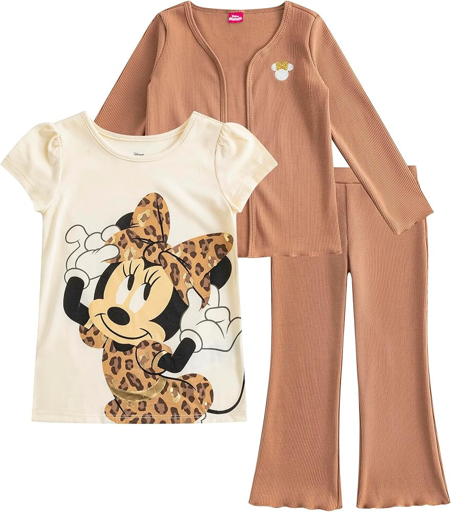 Disney Minnie Mouse Girls Flared Leggings Pants set with Cardigan, and Short Sleeve T-Shirt 3 Pie... | Amazon (US)