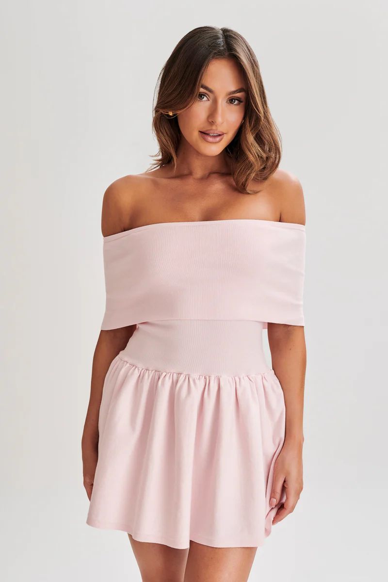 Lydia Off Shoulder Knit Mini Dress - Fairy Floss Pink | MESHKI US