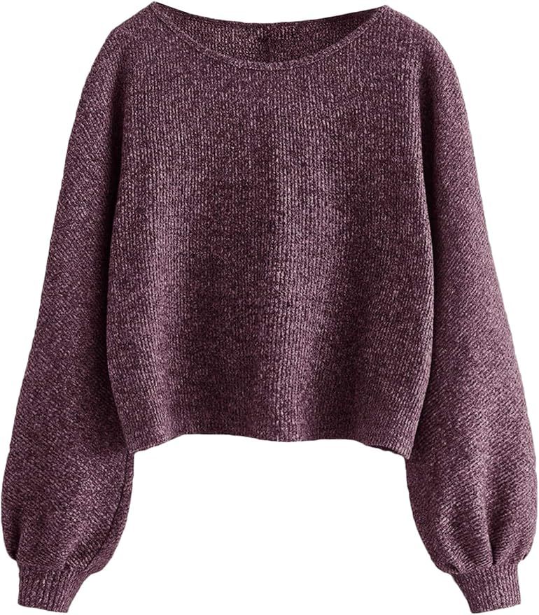 Floerns Women's Solid Boat Neck Long Lantern Sleeve Pullover Thin Sweater Top | Amazon (US)