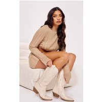 Cream Pu Point Toe Low Block Heel Stitched Western Boots | PrettyLittleThing US