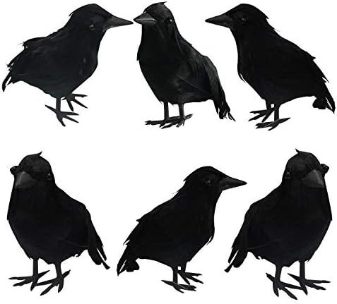 FUNPENY Halloween Black Feathered Crows, Lifelik Halloween Decoration Birds with Real Feather (6 Pac | Amazon (US)