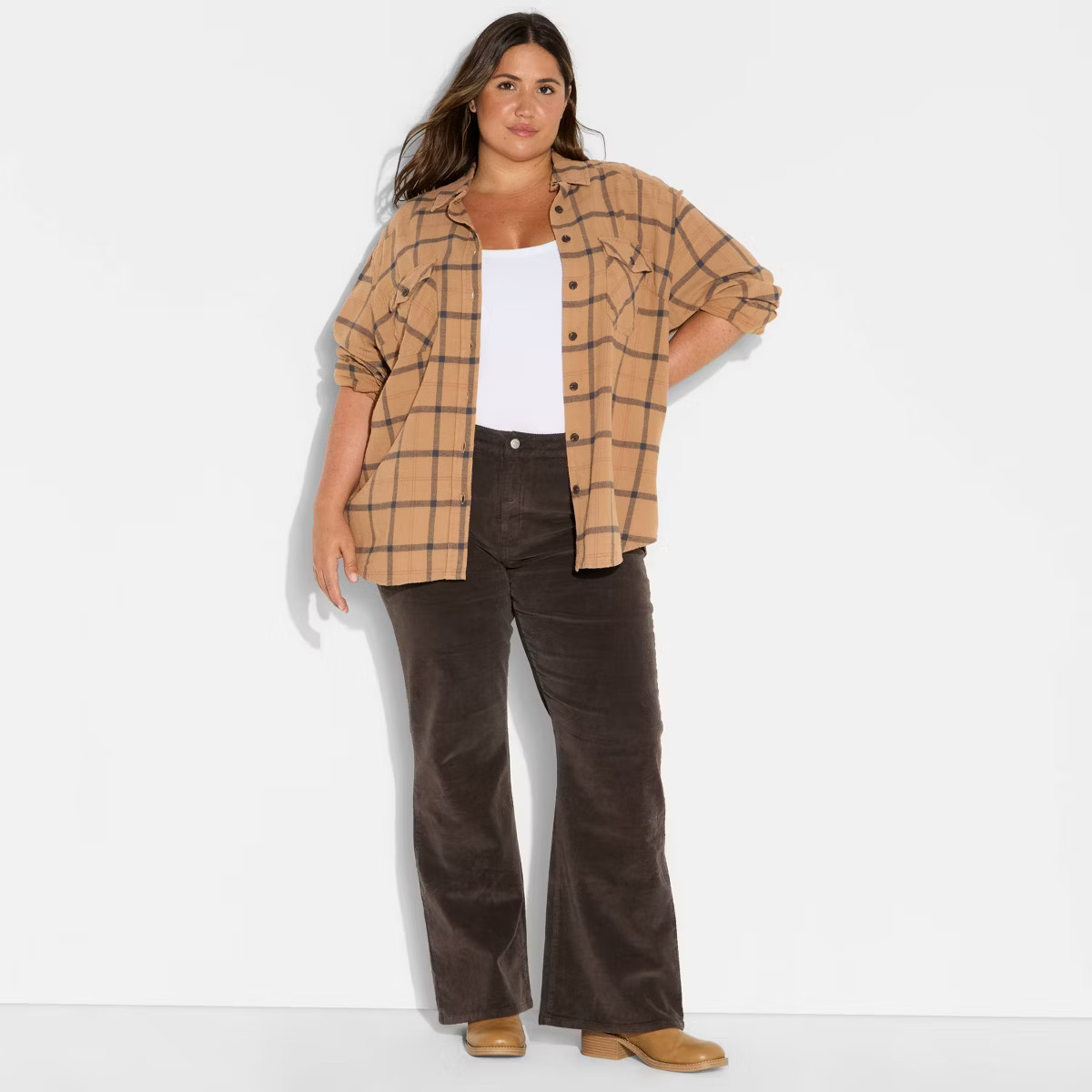 Women's Oversized Long Sleeve Collared Flannel Shirt - Wild Fable™ Brown Plaid 4X | Target