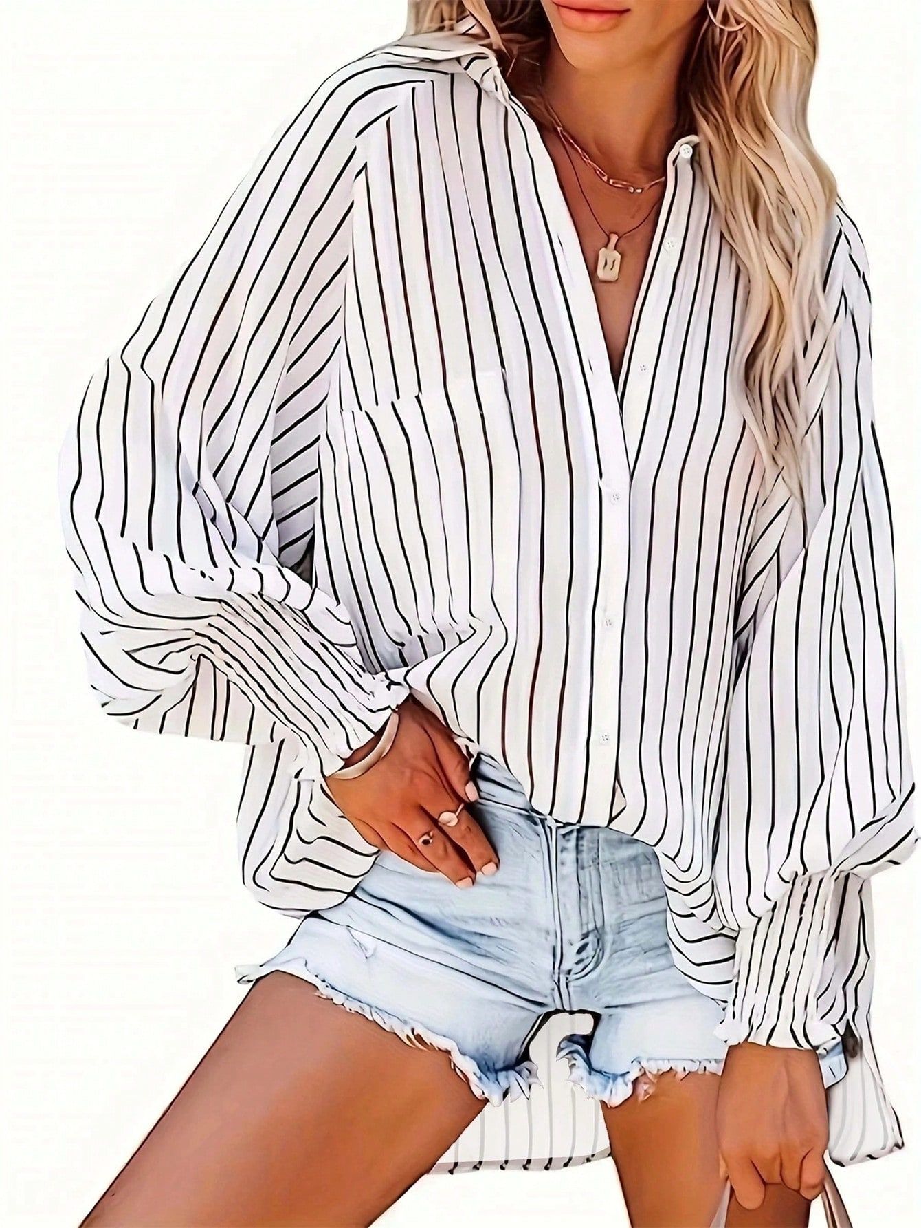 Plus Vertical Striped Batwing Sleeve Blouse | SHEIN