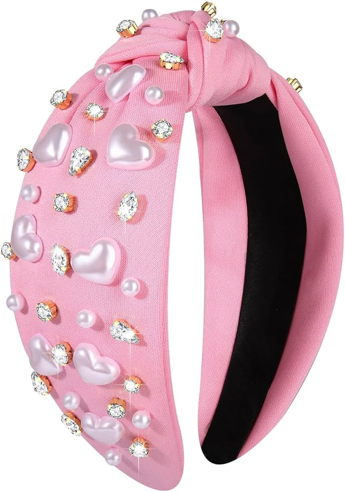 Valentines Heart Knotted Headband White Pearl Rhinestone Jeweled Headband Wide Pink Heart Embelli... | Amazon (US)