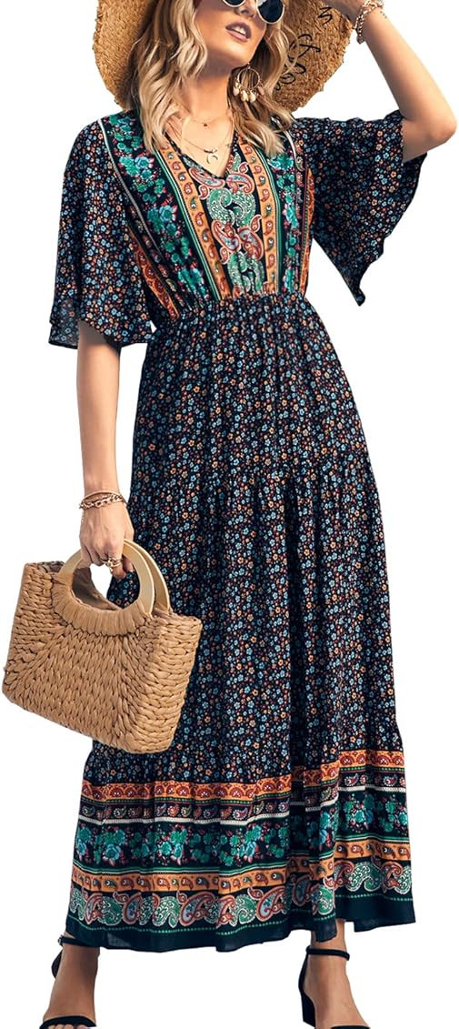 KIRUNDO Women’s Summer Short Sleeves Maxi Bohemia Dress Sexy V Neck Floral High Waist Flowy Pleated  | Amazon (US)