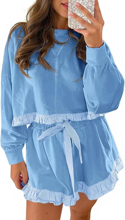 Fisoew Women's 2 Piece Lounge Sets Color Block Ruffle Cropped Sweatshirts Loose Drawstring Waist ... | Amazon (US)