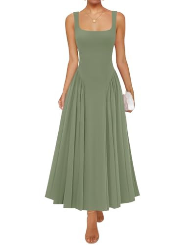 ZESICA Womens 2025 Summer Sleeveless Square Neck Sundress Casual Long Flowy A Line Beach Vacation Maxi Dresses,Green,Small | Amazon (US)