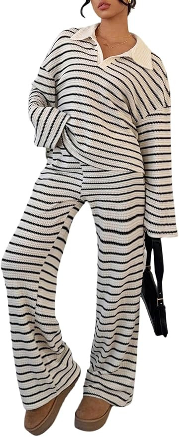 Verdusa Women's 2 Piece Striped Print Set Collared Long Sleeve Top and Wide Leg Pants Set Comfies... | Amazon (US)