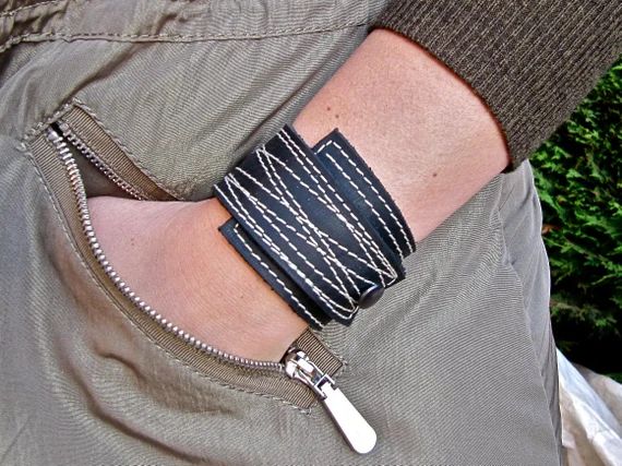 Black Leather Cuff - Unisex Wrap Bracelet - Stitched Cuff - Adjustable Size Bracelet - Modern Cuf... | Etsy (US)