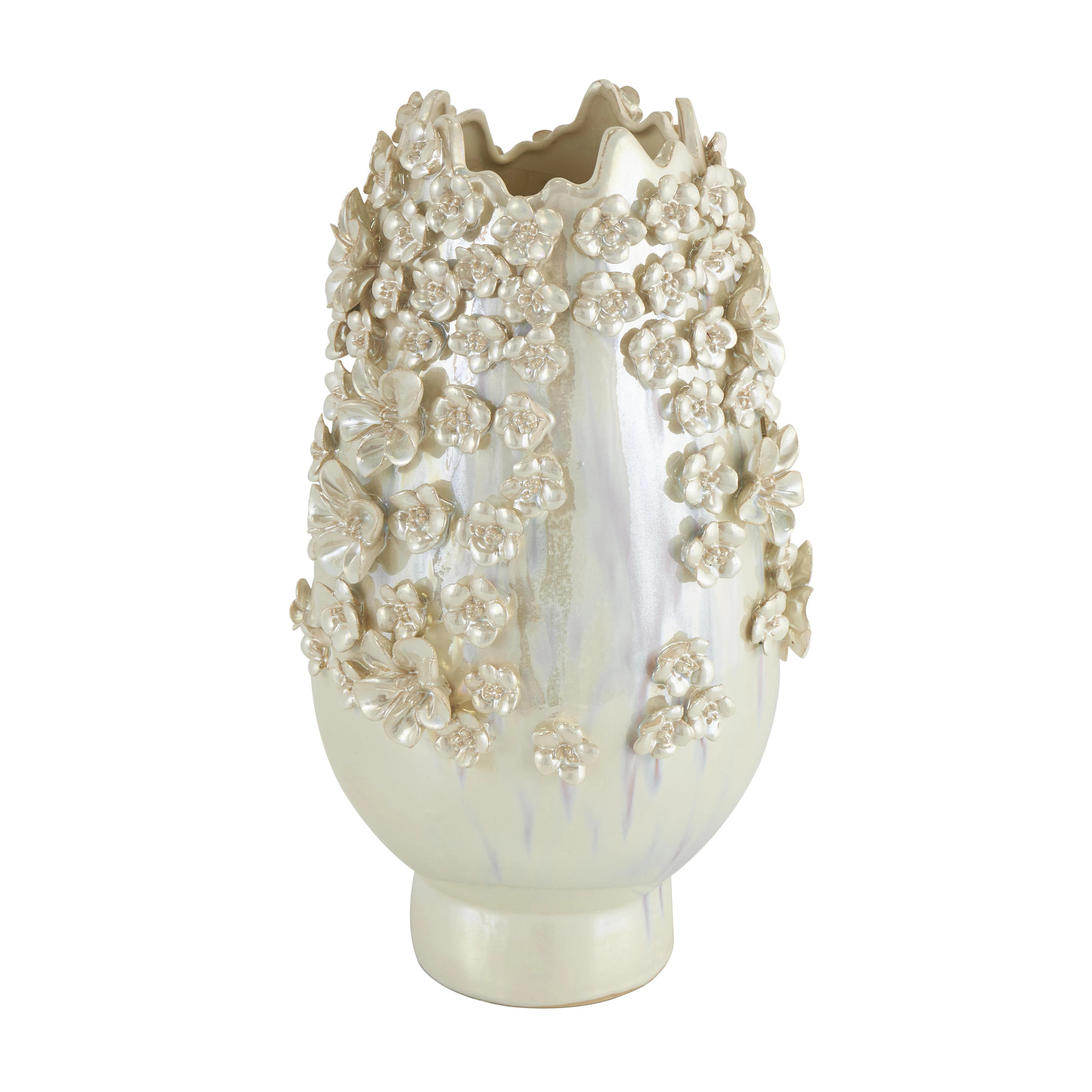Cream Ceramic Floral 3D Decorative Vase with Iridescent Glaze, 9" x 9" x 17" | Wayfair North America