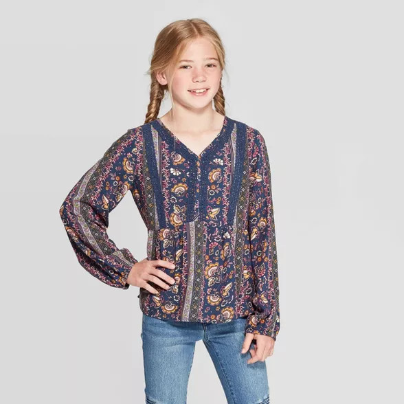 Girls' Long Sleeve Woven Boho Top - art class™ Blue | Target
