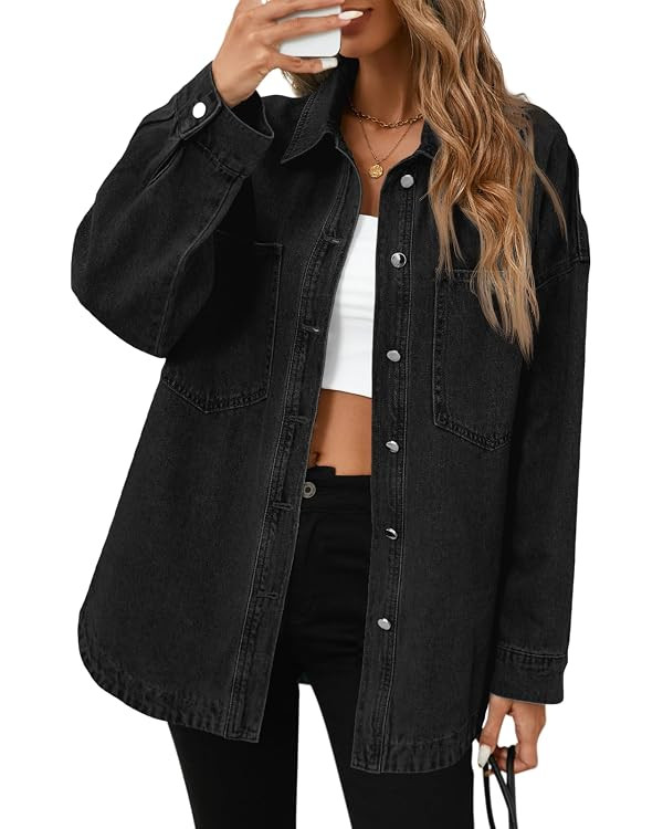 Tankaneo Womens Oversized Denim Shirt Jacket Button Down Long Sleeve Fall Casual Jean Shackets | Amazon (US)
