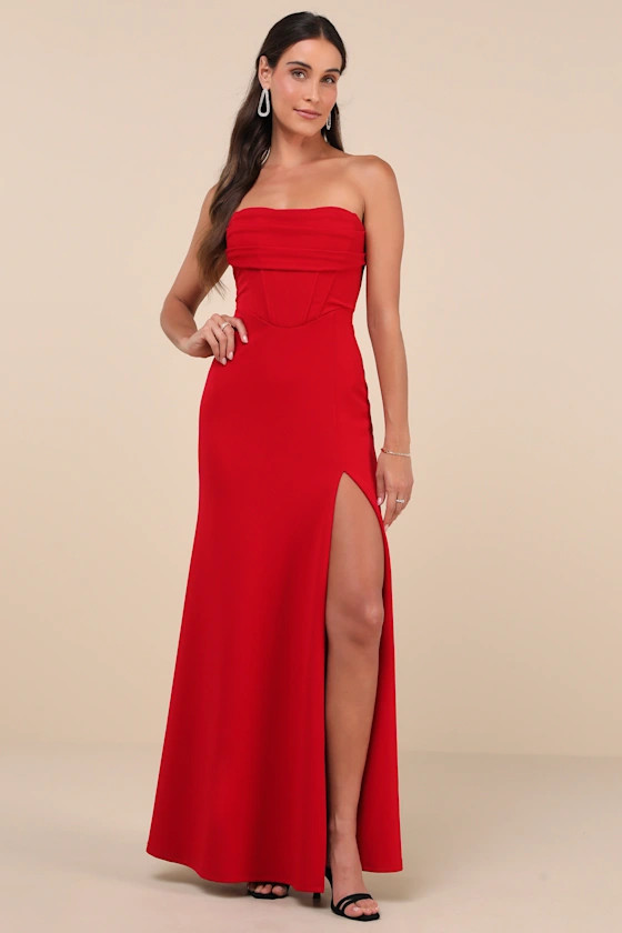Spellbinding Allure Red Bustier Strapless Mermaid Maxi Dress | Lulus