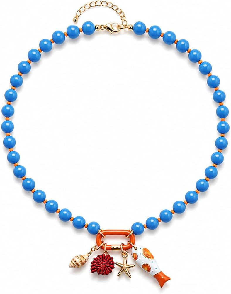 Colorful Beaded Necklace with Ocean Charms For Women, Boho Chunky Puffy Heart Starfish Shell Fish... | Amazon (US)