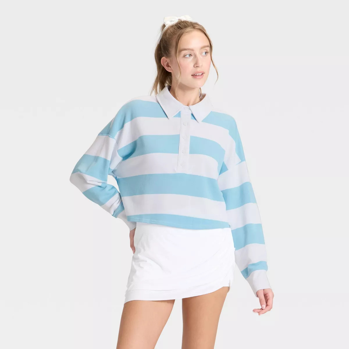 Women's Game Day Striped Cropped Long Sleeve Polo T-Shirt - JoyLab™ Light Blue XXL | Target