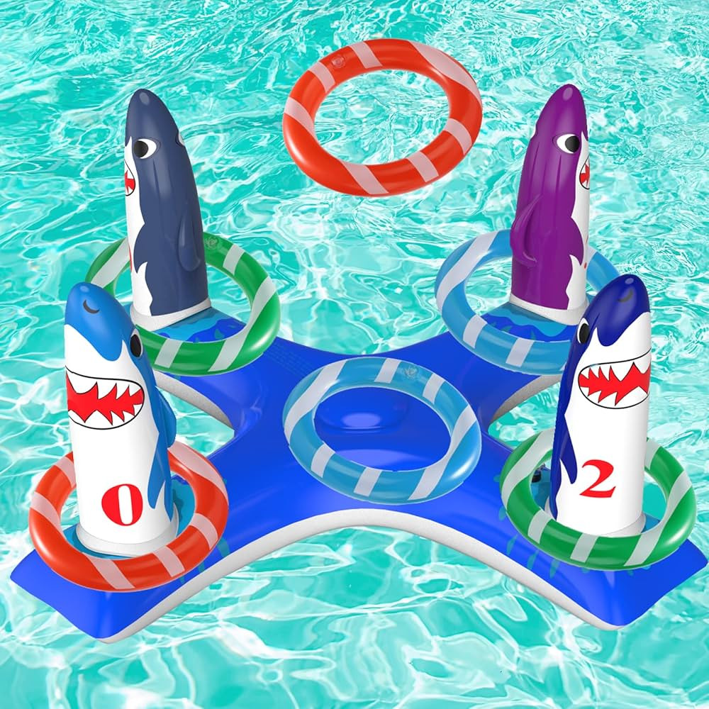 Inflatable Pool Ring Toss Games Toys, Floating Shark Flamingo Swimming Pool Ring with 6Pcs Rings,... | Amazon (US)