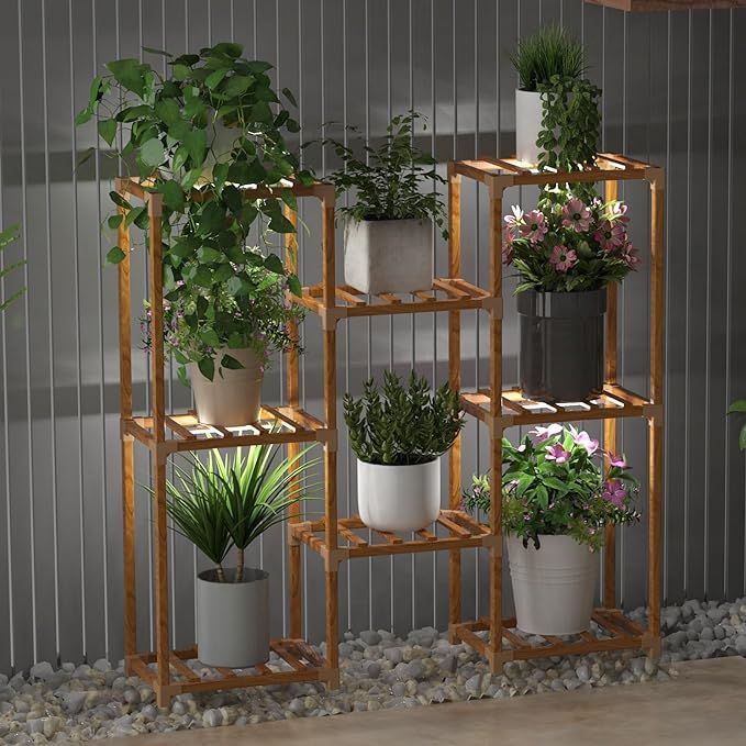 Aqaprert Wood Plant Stand With Grow Lights Multiple Flower Planter Pot Holder Shelf Rack Display ... | Amazon (US)